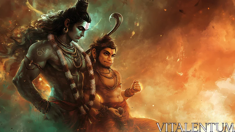 Mythic warrior and devotee stride through blazing celestial light