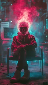 Cyberpunk hacker throne with flaming skull interface construct.
