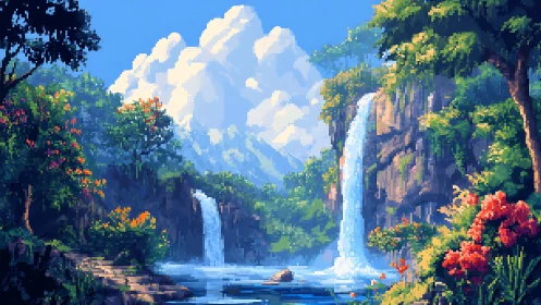 Sunlit pixel waterfalls in a bright mountain valley.