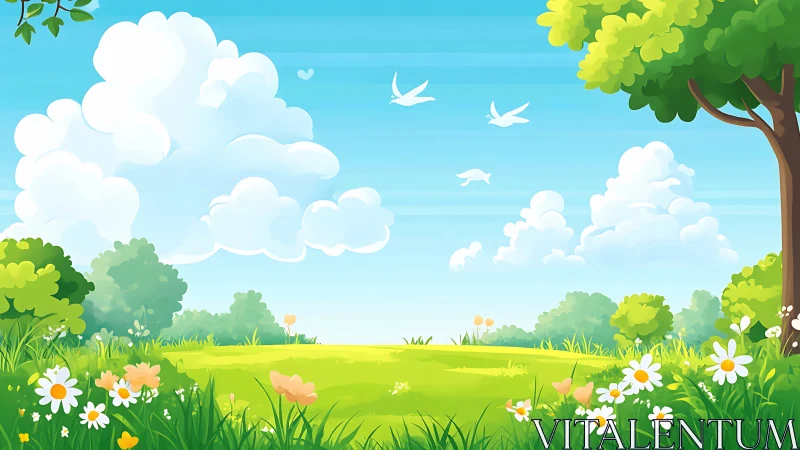 Sunny cartoon meadow with flowers, trees, and white birds.