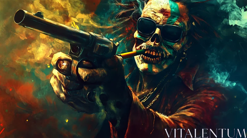 Skeletal gunman with revolver and glasses in vivid smoke.