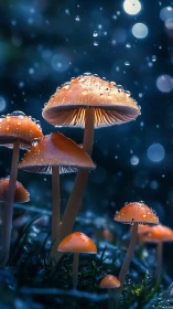 Bioluminescent mushrooms glow under rain in macro nocturnal forest