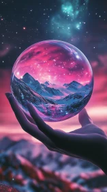 Cosmic crystal sphere cradling neon mountain vista dreamscape.