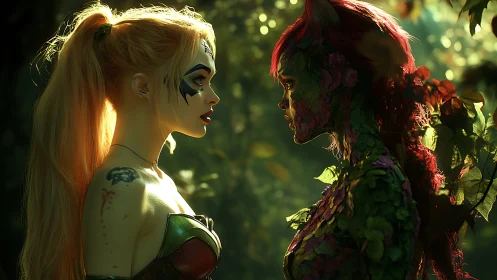 Two stylized women facing in forest environment. Period.