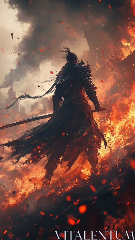 Backlit armored warrior silhouette emerging through intense flames