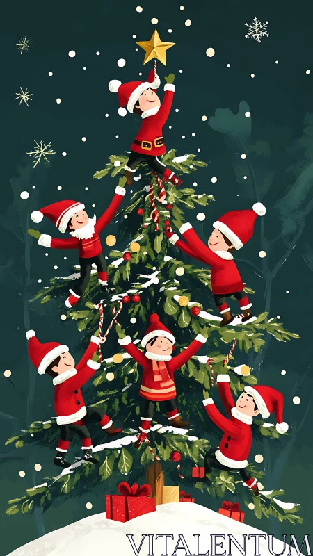 Children stack on Christmas tree and place golden star