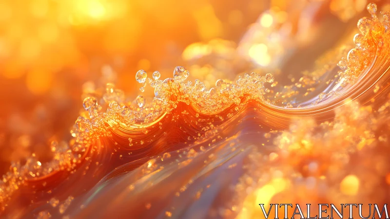 Golden sunlight abstract wave with sparkling droplets, digital art.