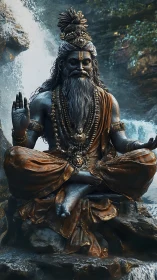 Meditative stone sage idol with bronze drapery beside waterfall.