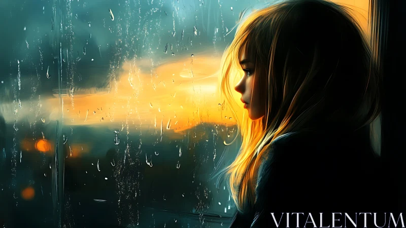 Rainlit girl gazes through sunset glass in quiet reverie.