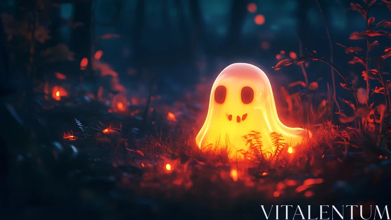 Gentle glowing ghost brightens a quiet forest night