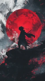 Silhouetted warrior before storm-scarred crimson sunscape.