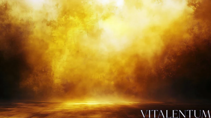 Golden atmospheric haze over reflective ground plane.