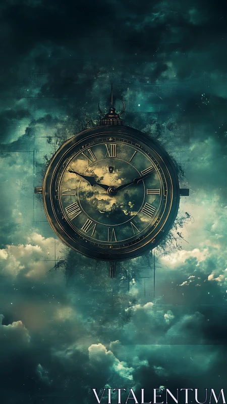 Ethereal celestial clock floats in stormy teal heavens.