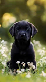 Black labrador puppy sitting in sunlit meadow portrait.