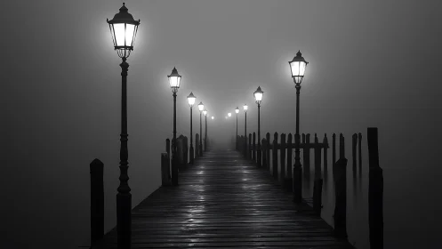 Symmetrical foggy pier recedes under aligned vintage lampposts