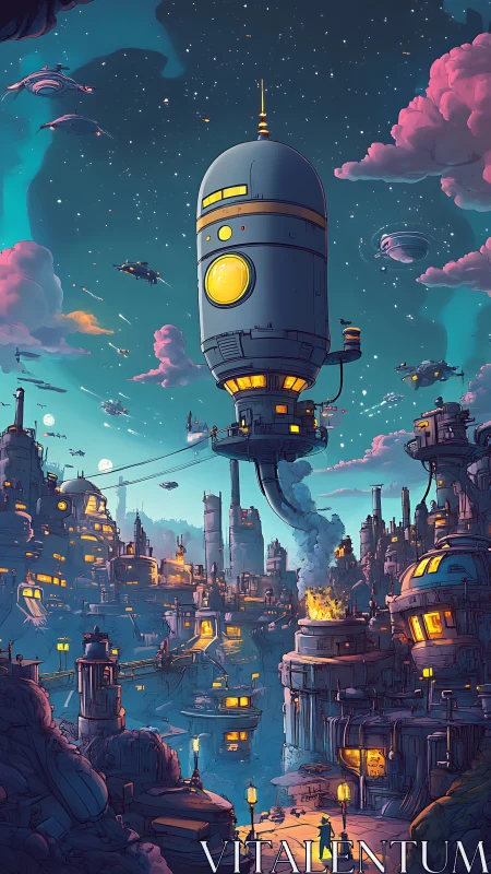 Futuristic floating tower above dense neon-lit cityscape.