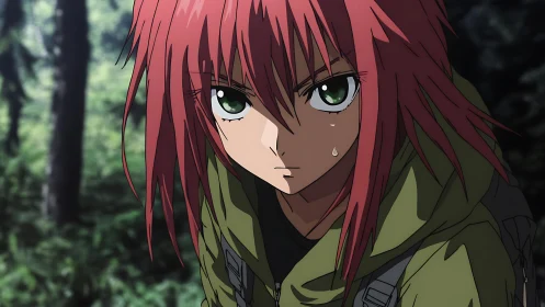 Red haired anime hiker stares forward with tense focus