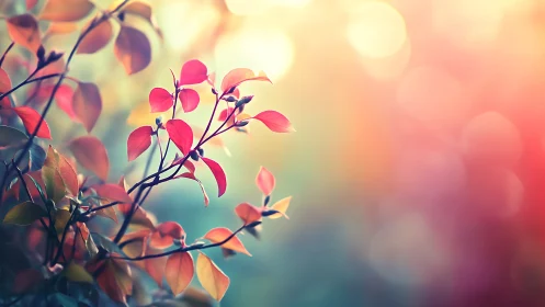 Red leaves glow against dreamy pastel bokeh background.
