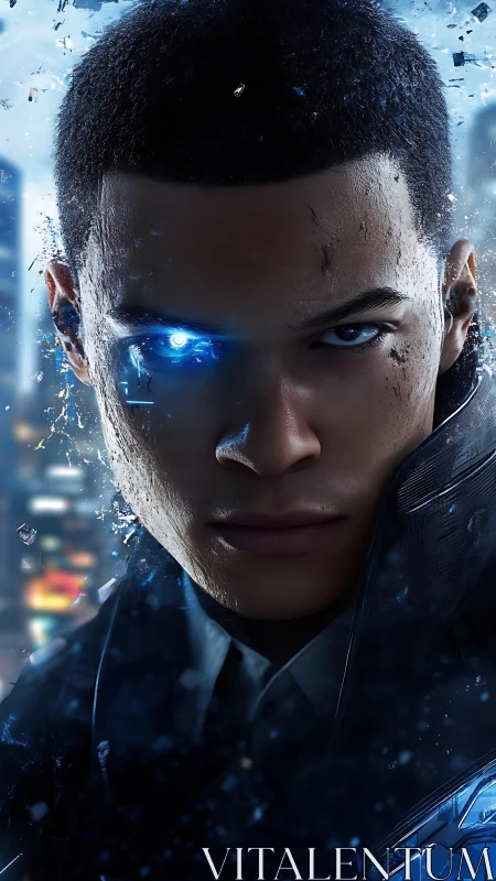 Cyborg portrait shows human face with illuminated cybernetic eye