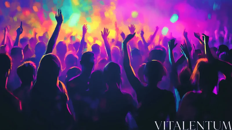 Neon crowd silhouettes under vivid festival lights at night.