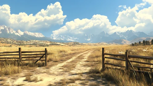 Rural dirt track leading toward distant snowcapped mountains.