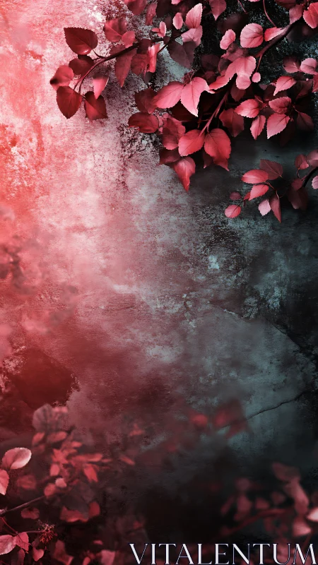 Blushing crimson leaves drifting across a weathered stone wall.