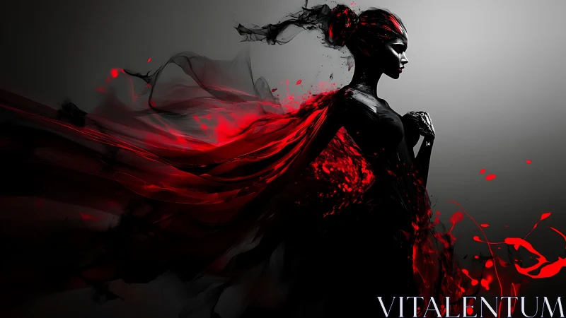 Profile silhouette of female figure with red abstract motion