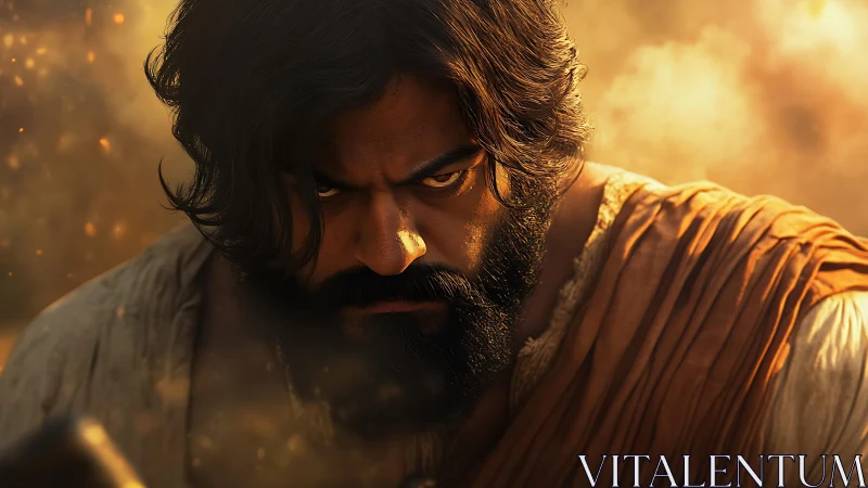 Intense bearded warrior in warm dramatic battlefield light.