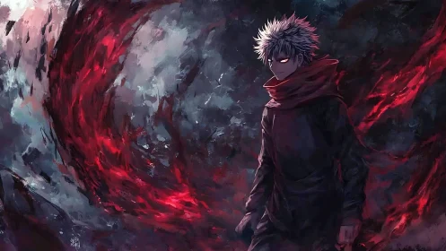 Storm-kissed anime mage walks through swirling crimson power