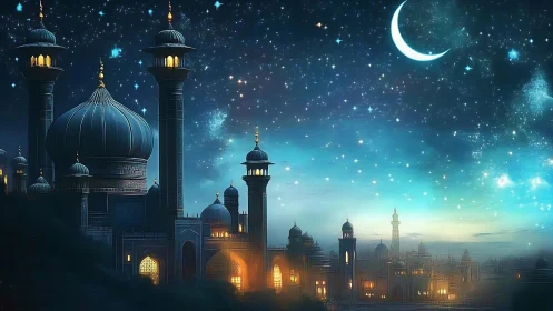 Domed skyline and minarets appear under dense star field