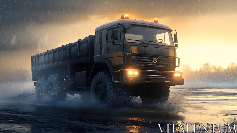 Storm-lit dump truck charging through rain-soaked roadway.