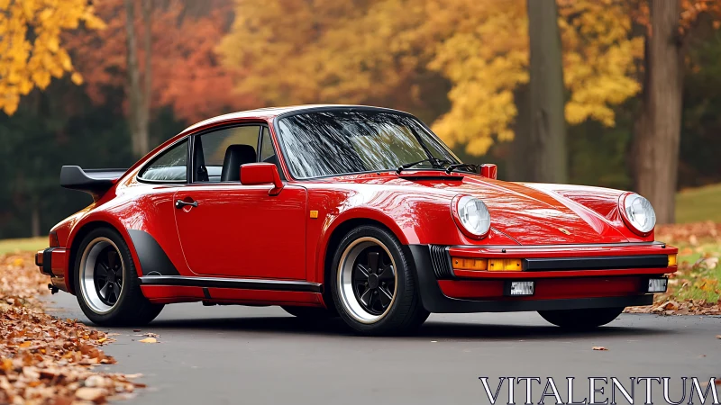 Red classic sports coupe glows against golden autumn trees.
