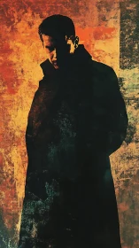 Solitary trench‑coated silhouette in fiery textured chiaroscuro.