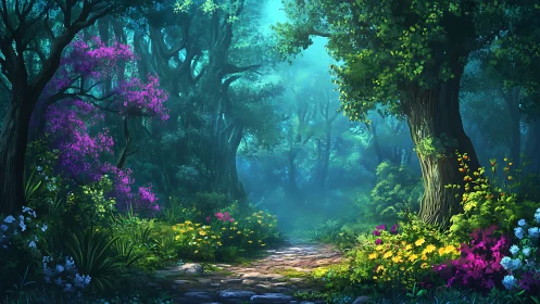 Enchanted Forest Path Through Blooming Ancient Trees.