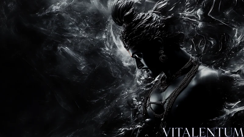 Serene divine figure rising from swirling cosmic shadows.