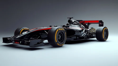 Black single seater racing car on neutral studio background.