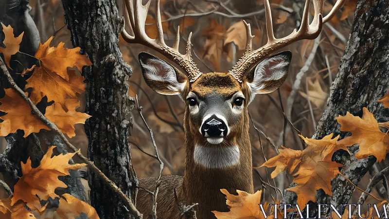 Whitetail buck among autumn forest trees and leaves.