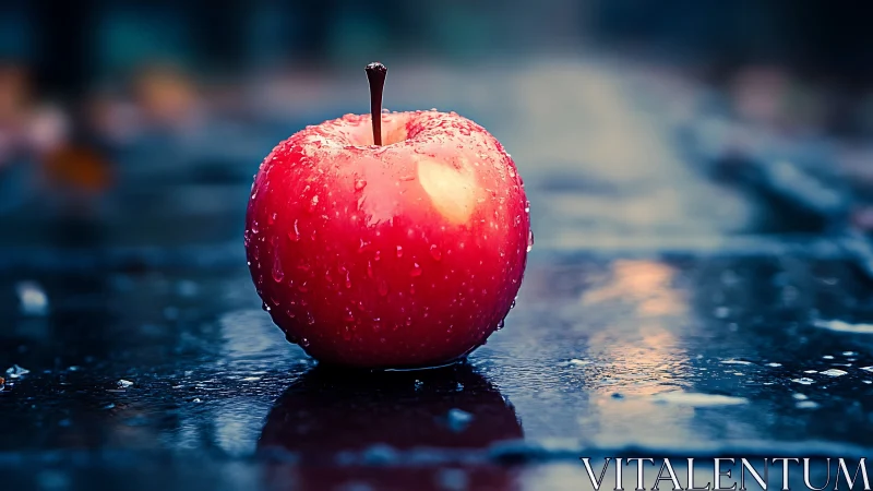 Red apple macro on wet reflective surface at dusk.