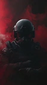 Armored tactical soldier stands shrouded in red smoke
