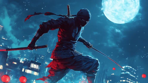 Ninja with dual katanas crouches over neon city skyline at night