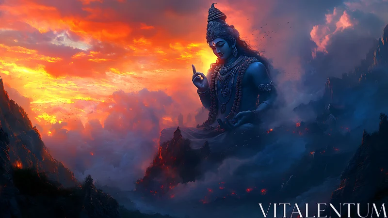 Colossal blue deity rises over molten twilight mountains