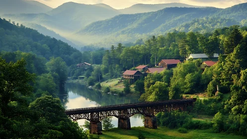 Mountain village and river bridge sit in soft morning haze