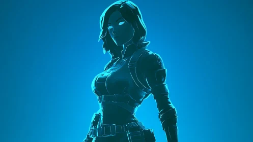 Cyber assassin silhouette glows under neon blue light.