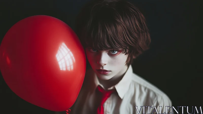 Moody child portrait with red balloon and dramatic chiaroscuro
