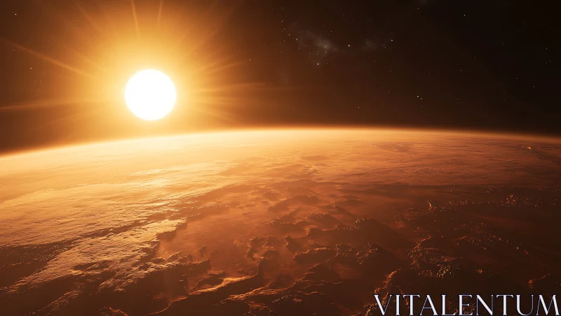 Stellar sunrise over arid planetary horizon in warm haze.