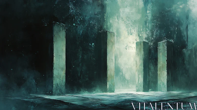 Monolithic pillars in atmospheric teal cavern space digital painting.