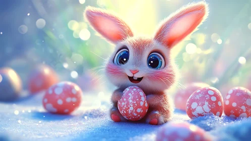 Digital render of stylized rabbit with patterned eggs in snow.