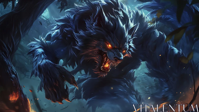 Dynamic digital painting of feral werewolf in moonlit forest.