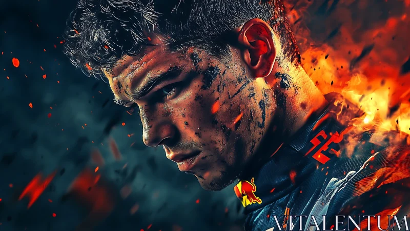 Male racing driver portrait amid fire and debris effects.