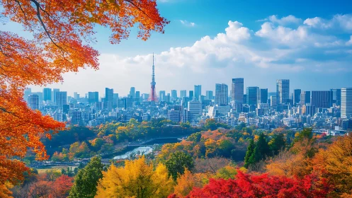 Tokyo skyline glowing above a colorful autumn city park.